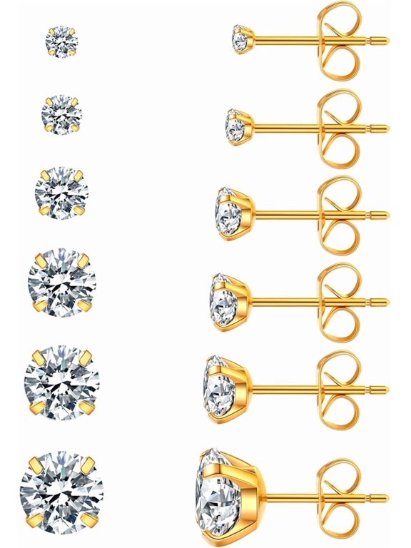6 Pairs Stud Earrings Set, Hypoallergenic Cubic Zirconia 316L Earrings Stainless Steel CZ Earrings 3-8mm (Steel color)