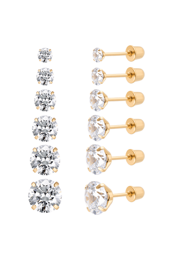 6 Pairs Surgical Stainless Steel Screw back Stud Earrings, 18K Gold Plated Heart Square Princess Cut Round Cubic Zirconia CZ Stud Earrings Set for Women