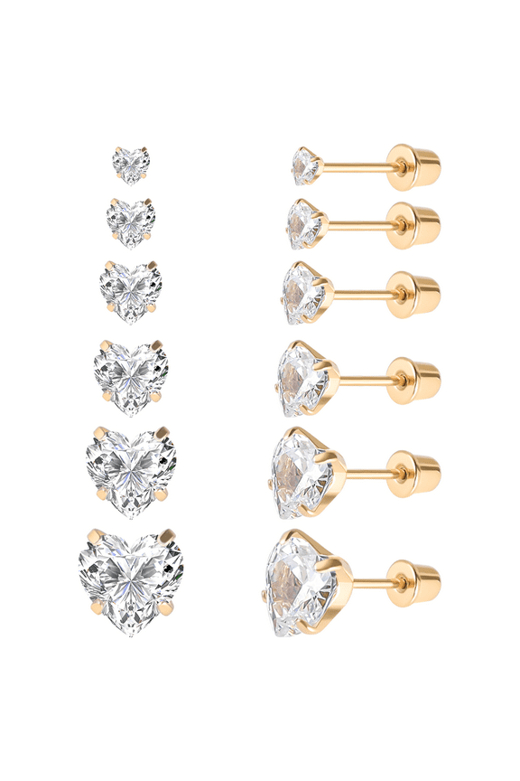 6 Pairs Surgical Stainless Steel Screw back Stud Earrings, 18K Gold Plated Heart Square Princess Cut Round Cubic Zirconia CZ Stud Earrings Set for Women