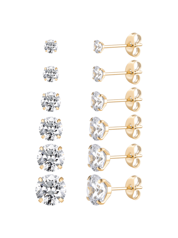 6 Pairs Surgical Stainless Steel Screw back Stud Earrings, 18K Gold Plated Heart Square Princess Cut Round Cubic Zirconia CZ Stud Earrings Set for Women