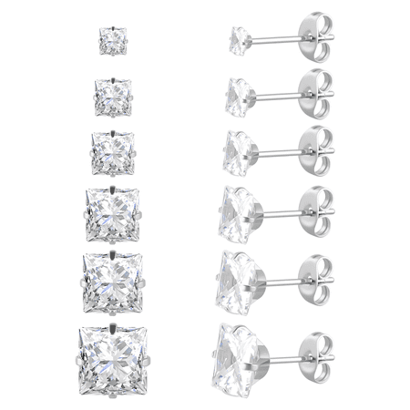 6 Pairs Surgical Stainless Steel Screw back Stud Earrings, 18K Gold Plated Heart Square Princess Cut Round Cubic Zirconia CZ Stud Earrings Set for Women