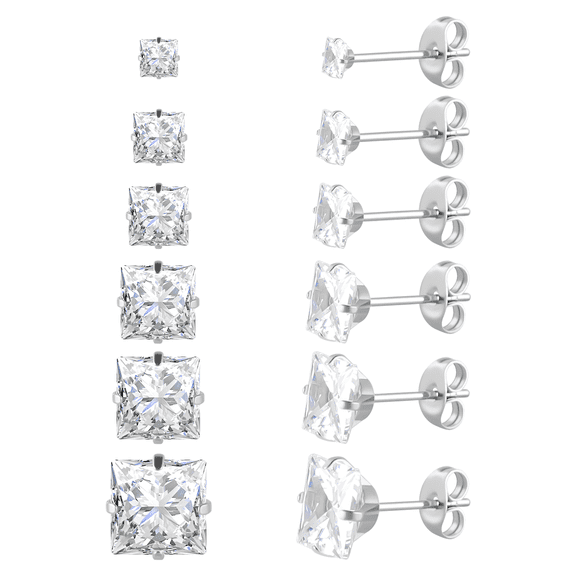 6 Pairs Surgical Stainless Steel Screw back Stud Earrings, 18K Gold Plated Heart Square Princess Cut Round Cubic Zirconia CZ Stud Earrings Set for Women