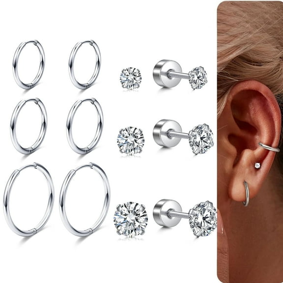 6 Pairs Surgical Steel Earrings Sets for Multiple Piercing, Lightweight Small Huggie Hoop Earrings, Flat Back Tiny Ball CZ Stud Earrings for Cartilage, Helix, Lobe, Hypoallergenic