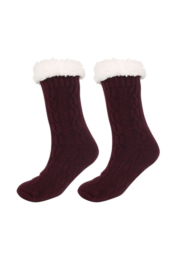 6 Pairs Thermal Socks Fleece Lined Cable Knit Grip Socks with Non Slip Silicone Grips Winter Indoor Warm Mid Calf Socks for Men Women One Size