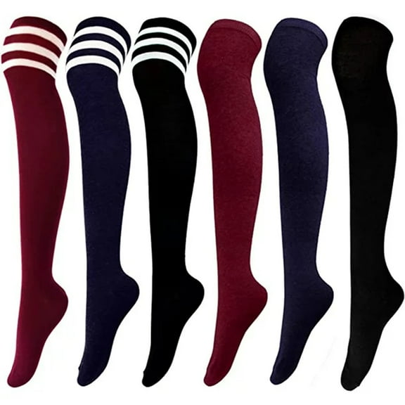 6 Pairs Thigh High Socks Warm Women Boot Sock Leg Warmer High Socks for Daily Wear, Cosplay(Wine Red,Navy Blue, Black)