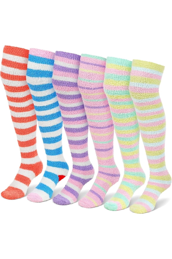 6 Pairs Thigh High Socks for Women Long Fuzzy Over the Knee Boot Fleece Sock Stockings Winter Gift