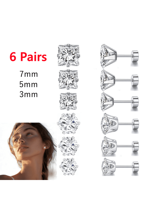 6 Pairs Titanium Flat Back Earrings, CZ Stud Earrings for Women Men, Surgical Stainless Steel Hypoallergenic Cubic Zirconia Earrings