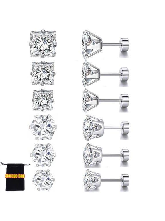 6 Pairs Titanium Flat Back Earrings -  Surgical Stainless Steel Round Square Princess Cut CZ Screw Back Stud, Hypoallergenic Cubic Zirconia Earrings for Women Men