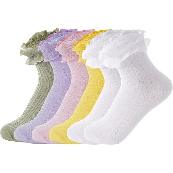 6 Pairs Toddler Girls Ruffle Socks Cotton Girls Lace Frilly Dress Socks