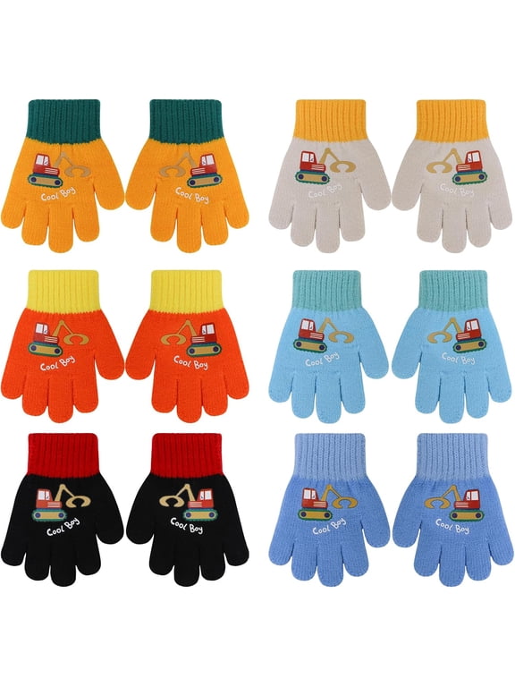6 Pairs Toddler Knitted Gloves, Kids Winter Full Finger Stretch Knit Gloves with Excavator Pattern, Soft Warm Cold Weather Gloves for Boys & Girls Ages 2-4