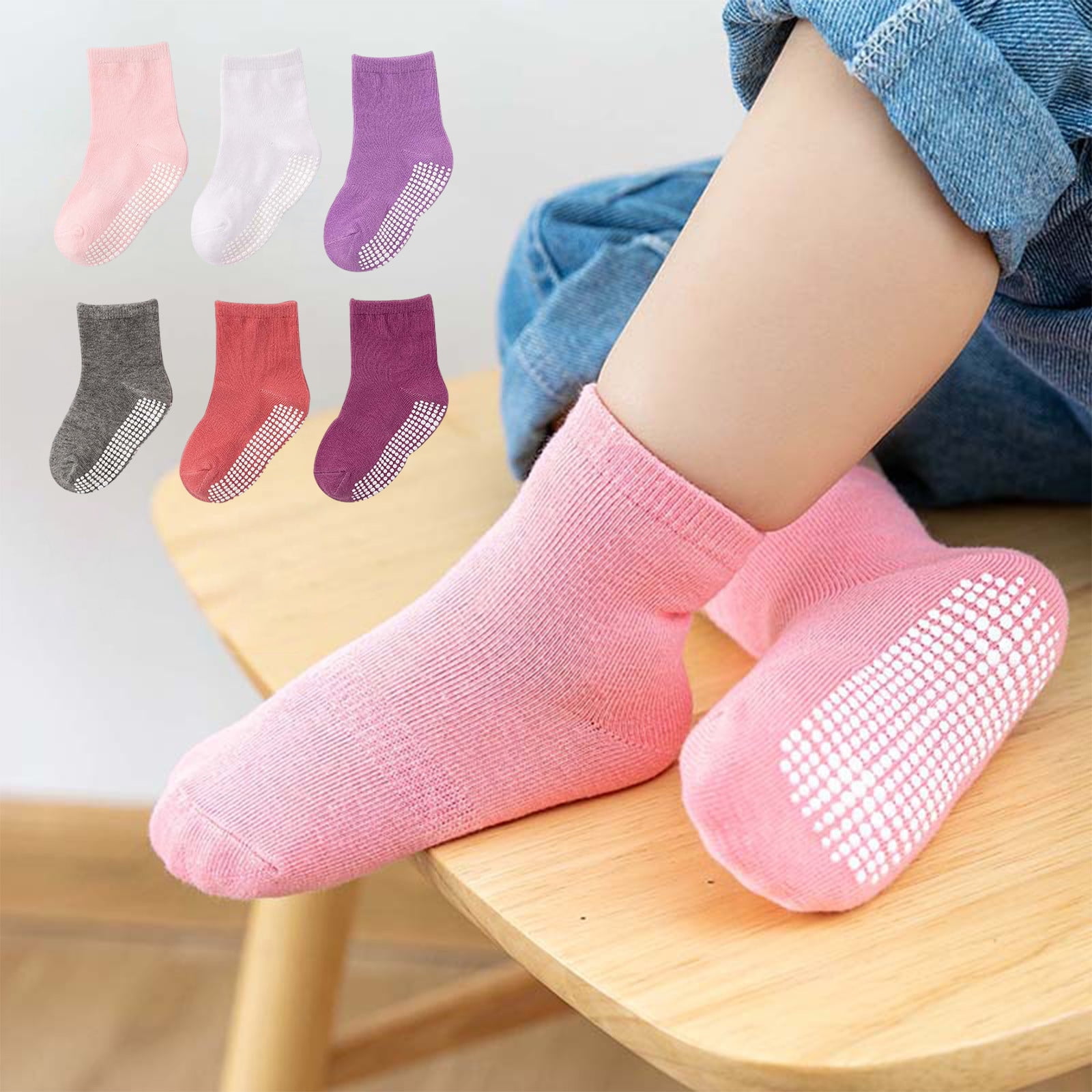 6 Pairs Toddlers Non Slip Socks with Grippers Baby Girls Boys Anti Skid Crew Cotton Socks for