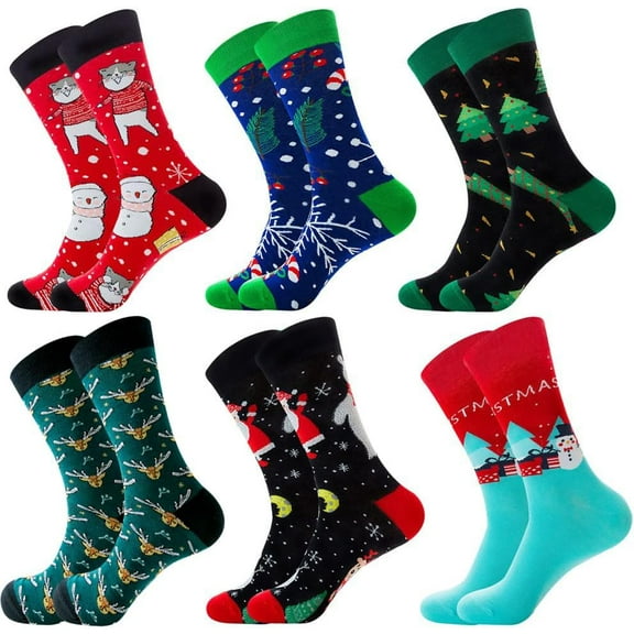 6 Pairs Unisex Christmas Socks, Colorful Patterned Crew Socks, Funny Xmas Gifts for Men and Women, Warm Cozy Novelty Cotton Socks Size 9-11 (Shoe Size 6-9)