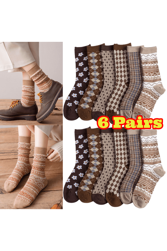 6 Pairs Vintage Floral Crew Socks for Women, Cute Cotton Checkered Brown Socks