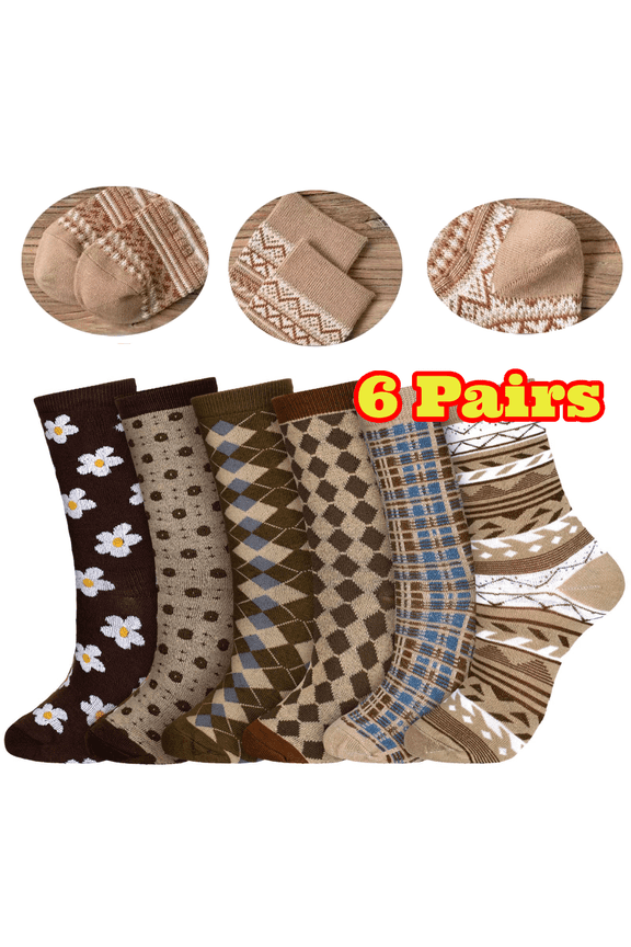 6 Pairs Warm Cotton Socks for Women, Floral Plaid Print Crew Socks