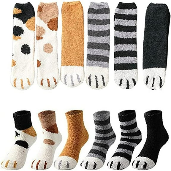 6 Pairs Warm Fluffy Socks Women, Coral Fleece Soft Fluffy Winter Socks Cuddly Socks with Cat Claw Design, Home Socks for Women Girls