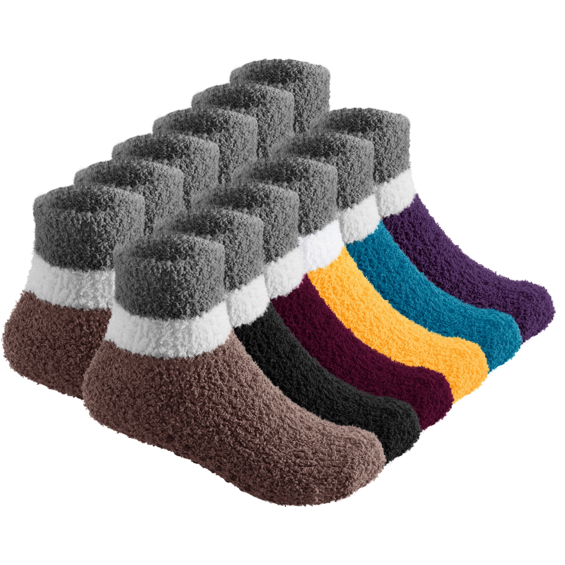 6 Pairs Warm Fuzzy Socks for Kids with Grippers - Non Skid Slipper Socks for Toddlers - Dark Two Tone 2-4 Yr Debra Weitzner - image 1 of 5