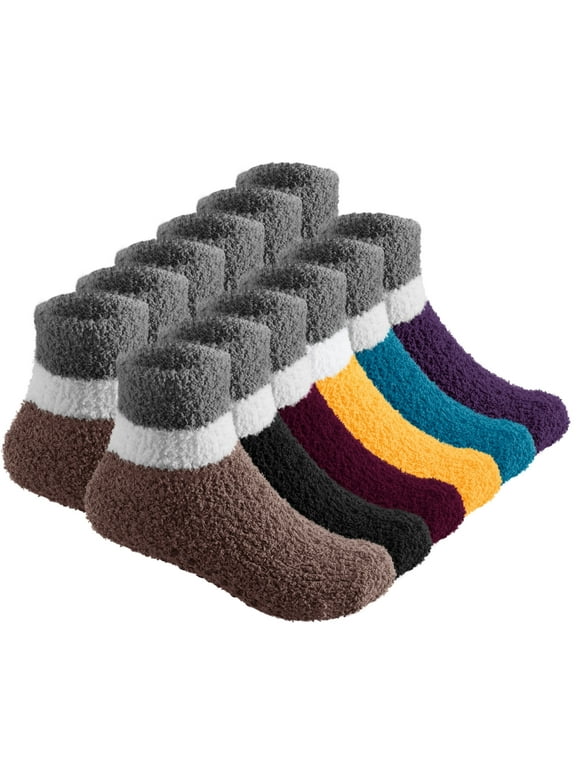 6 Pairs Warm Fuzzy Socks for Kids with Grippers - Non Skid Slipper Socks for Toddlers - Dark Two Tone 4-6 Yr Debra Weitzner