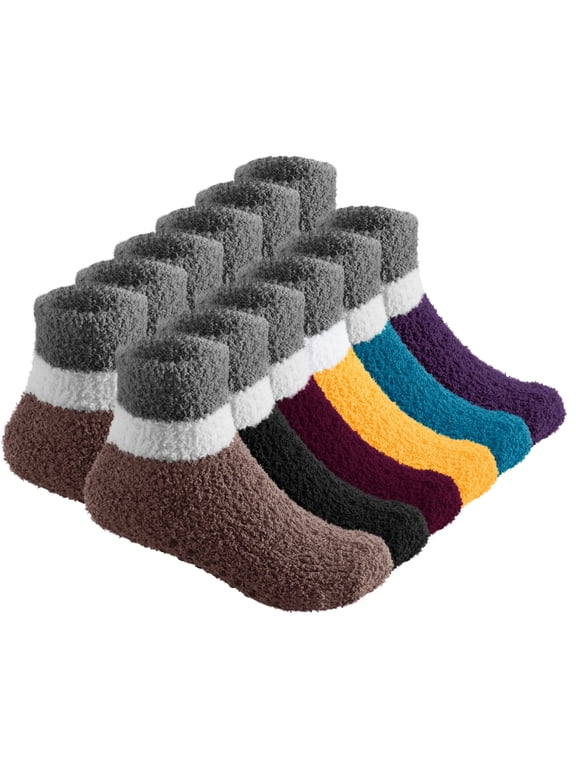 6 Pairs Warm Fuzzy Socks for Kids with Grippers - Non Skid Slipper Socks for Toddlers - Dark Two Tone 6-10 Yr Debra Weitzner