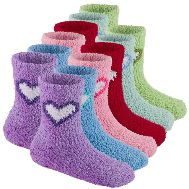 6 Pairs Warm Fuzzy Socks for Kids with Grippers - Non Skid Slipper Socks for Toddlers - Solid Hearts 2-4 Yr Debra Weitzner