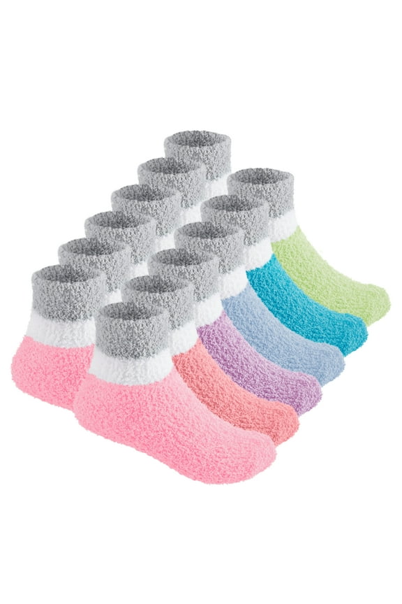 6 Pairs Warm Fuzzy Socks for Kids with Grippers - Non Skid Slipper Socks for Toddlers - Two Tone 6-10 Yr Debra Weitzner