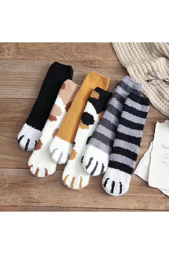 6 Pairs Warm Winter Socks Girls Kitty Cat Paws Cute Thick Warm Sleep Floor S~M