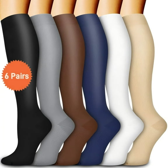 6 Pairs Wide Calf Compression Socks for Women Men: Syphoria Wide Calf 15-20 mmHg Circulation Compression Stockings Support for Running, Travel, Cycling