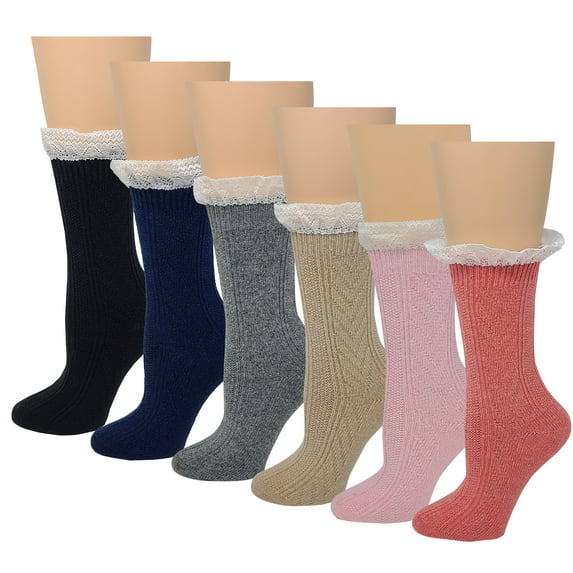 6 Pairs Women Cable Knit Winter Wool Boot Crew Socks With Lace