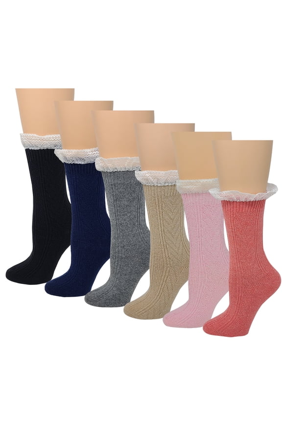 6 Pairs Women Cable Knit Winter Wool Boot Crew Socks With Lace