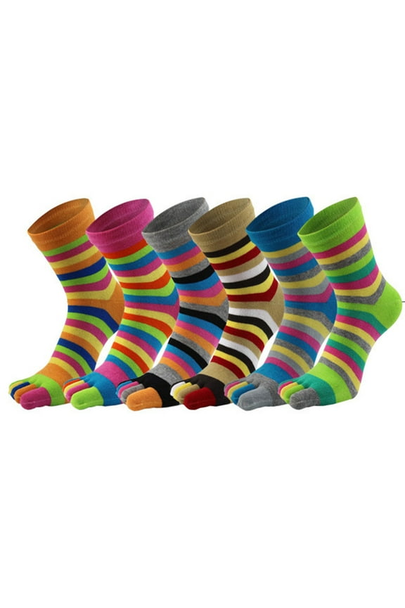 6 Pairs Women Cotton Five Finger Ankle Socks Rainbow Colorful Striped Breathable Toe Separated Mid Tube Hosiery Gifts