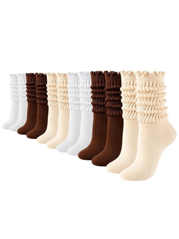 6 Pairs Women Frilly Ruffle Slouch Socks, Breathable Knee High Casual Boot Socks for All Seasons