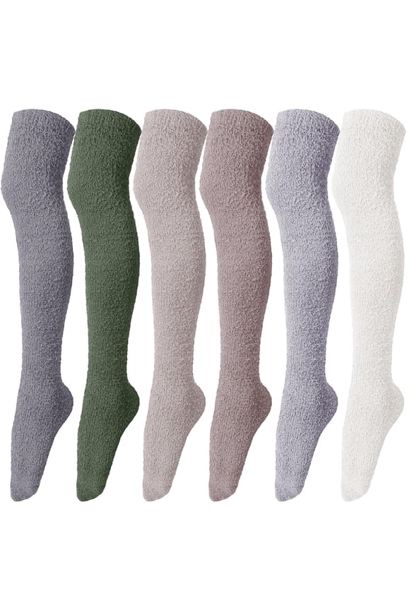 6 Pairs Women Knee High Fuzzy Socks Soft Long Thigh High Warm stockings Cozy Slipper Plush Socks(Multicolored)