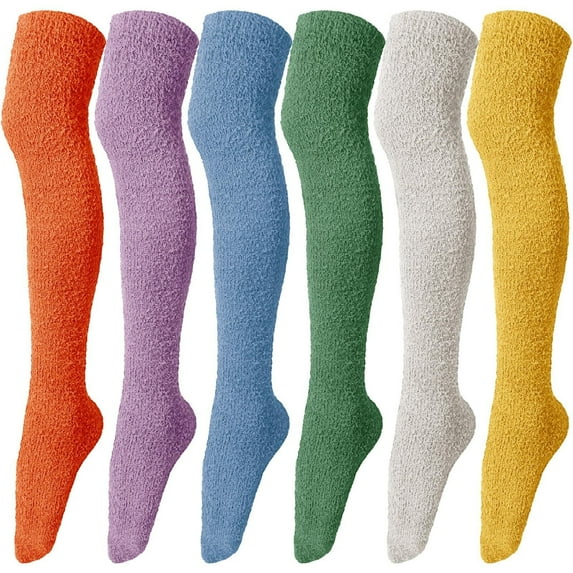 6 Pairs Women Knee High Fuzzy Socks Soft Long Thigh High Warm stockings Cozy Slipper Plush Socks(Multicolored)