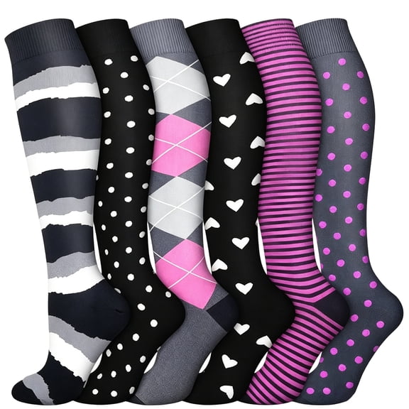 6 Pairs Women and Man Fun Patterned Compression Socks, Knee High Graduated Support Socks, Cute Floral, Polka Dot, Argyle Styles for Nurses, Running, Travel & Daily Wear