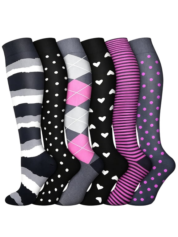 6 Pairs Women and Man Fun Patterned Compression Socks, Knee High Graduated Support Socks, Cute Floral, Polka Dot, Argyle Styles for Nurses, Running, Travel & Daily Wear