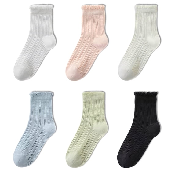 6 Pairs Women Ruffle Crew Socks, Cute Frilly Cotton Casual Ankle Dress Socks