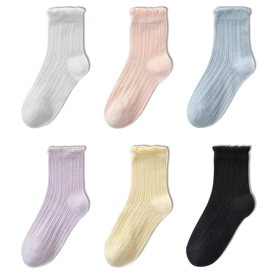 6 Pairs Women Ruffle Crew Socks, Cute Frilly Cotton Casual Ankle Dress Socks