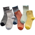 thumbnail image 1 of 6 Pairs Women Ruffle Socks, Frilly Striped Checkered Cotton Knit Casual Crew Ankle Socks, 1 of 7