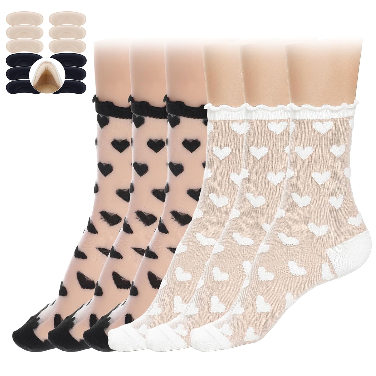 6 Pairs Women Sheer Lace Heart Ankle Socks Mesh Nylon Ruffle Socks with 6 Pairs Self-Adhesive Heel Grips Pads for Loose Shoes