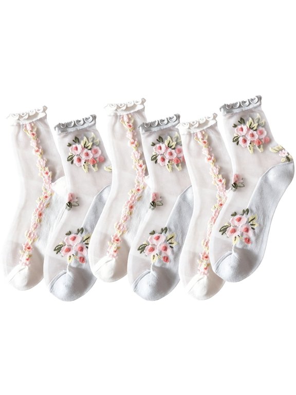 6 Pairs Women Sheer Lace Socks Ankle Ruffle Socks Frilly Mesh Socks for Dates, Parties, Afternoon Tea