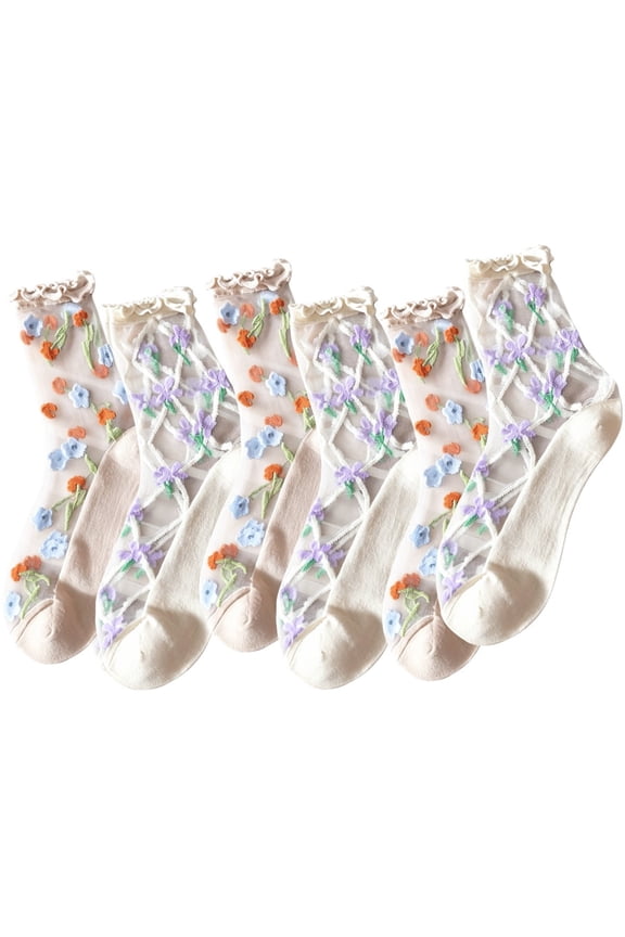 6 Pairs Women Sheer Lace Socks Ankle Ruffle Socks Frilly Mesh Socks for Dates, Parties, Afternoon Tea