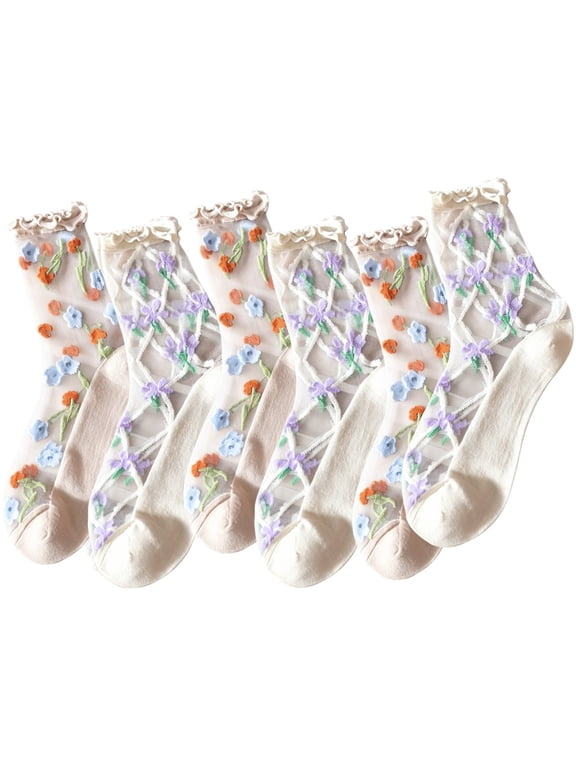 6 Pairs Women Sheer Lace Socks Ankle Ruffle Socks Frilly Mesh Socks for Dates, Parties, Afternoon Tea