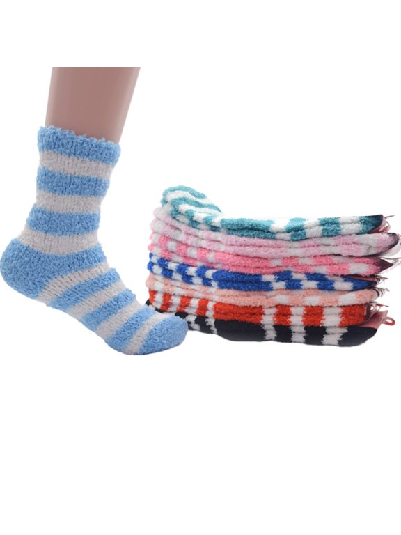 6 Pairs Women Socks, Casual Cotton Stripe Fuzzy Socks, Fluffy Socks with Bag
