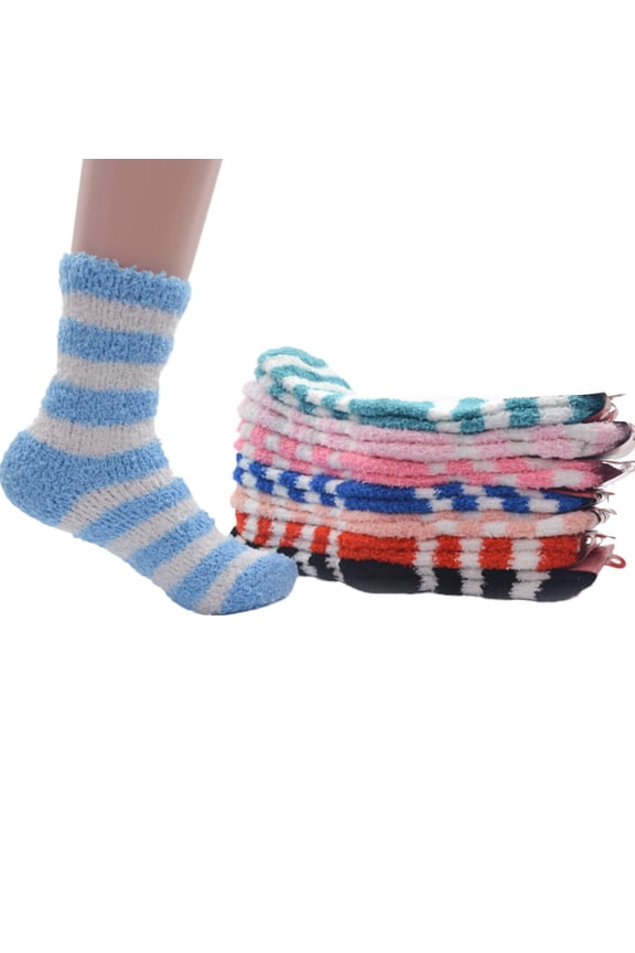 6 Pairs Women Socks, Casual Cotton Stripe Fuzzy Socks, Fluffy Socks with Bag
