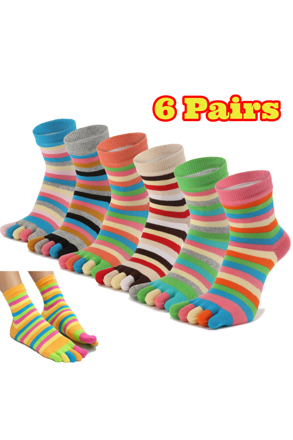 6 Pairs Women Toe Socks Cotton Crew 5 Finger Socks Girls Colorful Stripe Running Athletic