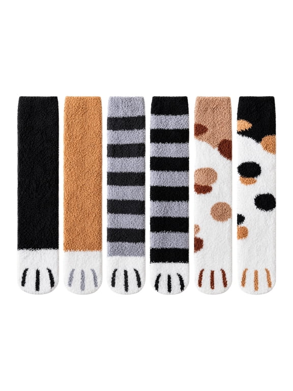 6 Pairs Women's Coral Fleece Plush Crew Socks, Polyester Cute Cat Paw Thermal Mid Calf Floor Socks, Warm Cozy Casual Home Socks for Fall Winter Indoor Wear