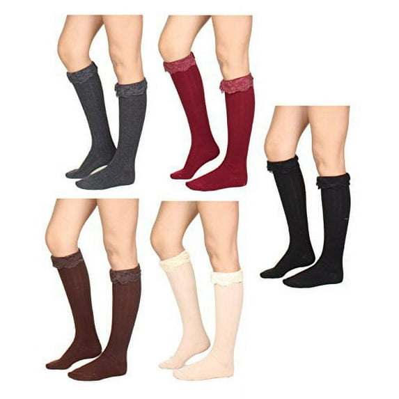 6 Pairs Women's Cotton Fancy Design Multi Color Knee High Socks (Solid Ribbed Lace Trim)
