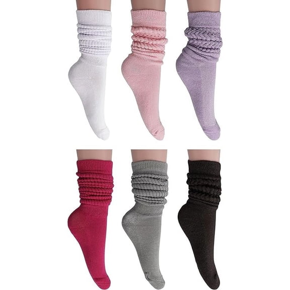 6 Pairs Women's Cotton Slouch Socks Pack Shoe Size 5 to 10 (White-Pink-Lilac-Fuchsia-Gray-Brown)