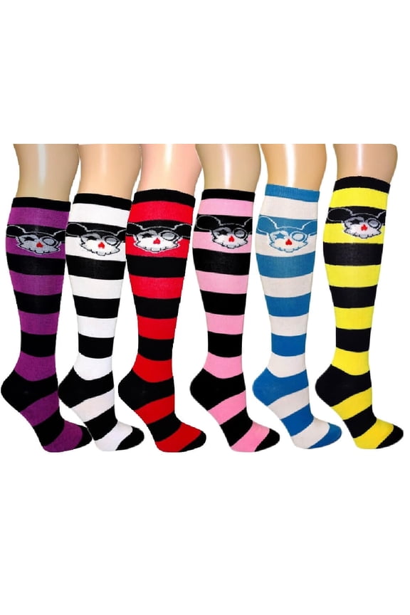 Women's Patterned Knee High Socks 6-Pack Anime Skulls Size 9-11