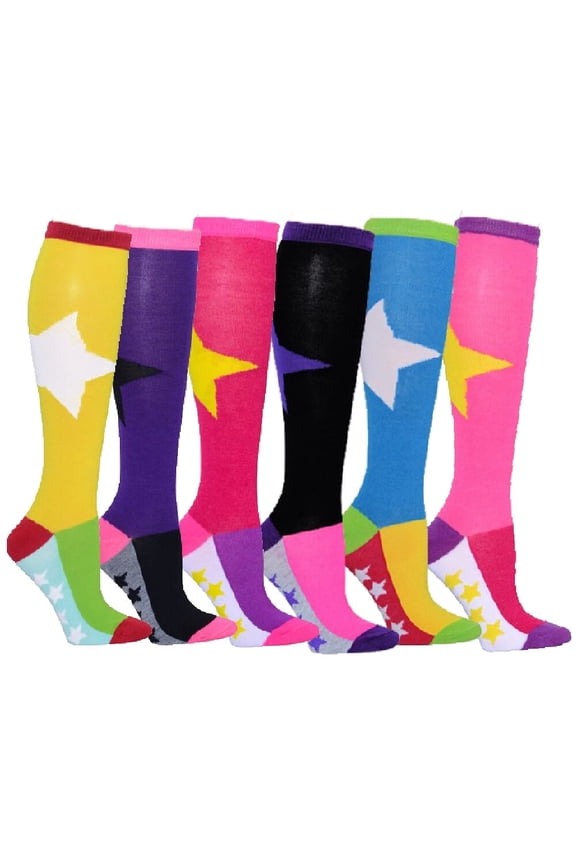 Women's Patterned Knee High Socks 6-Pack Bold Star and Mini Stars Size 9-11