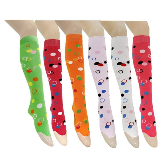 6 Pairs Women's Fancy Design Multi Colorful Patterned Knee High Socks, Circles